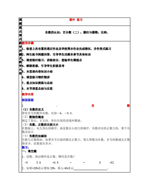 六年级下册数学 期中复习知识点与习题