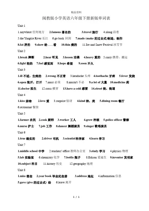 闽教版小学英语六年级下册新版单词表.doc