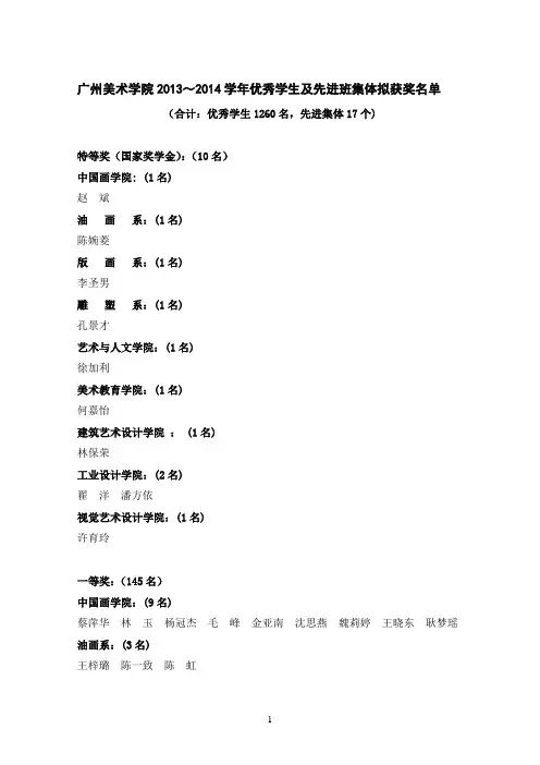 广州美术学院2013~2014学年优秀学生及先进班集体拟获奖名