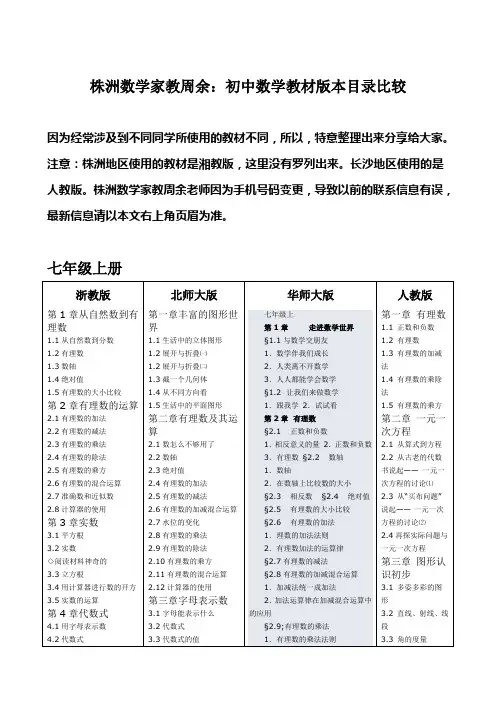 株洲数学家教周余：初中数学教材版本目录比较