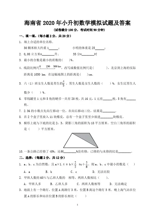 海南省2020年小升初数学模拟试题及答案