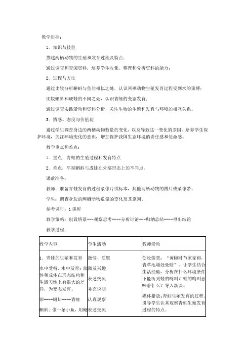 人教课标版八年级生物下册教案两栖动物的生殖和发育