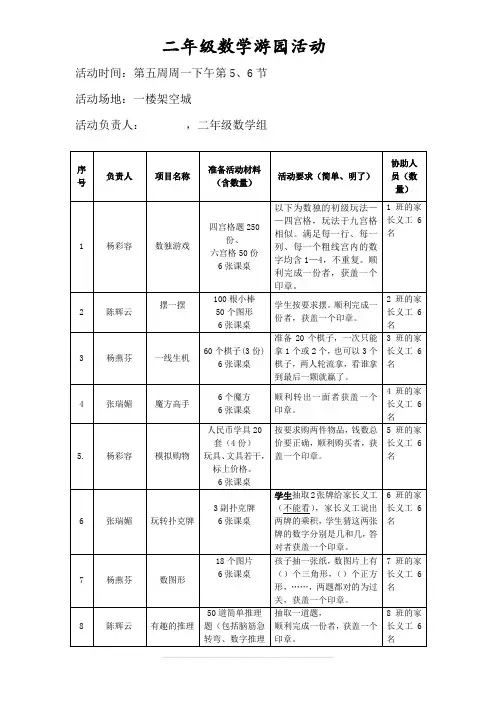 二年级数学周游园活动安排表