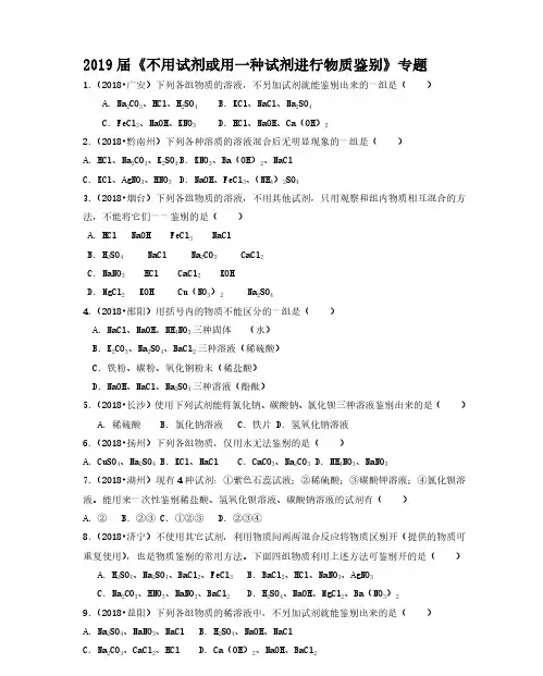 2019届九年级化学中考复习：《不用试剂或用一种试剂进行物质鉴别》专题