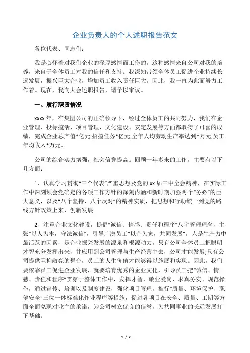 企业负责人的个人述职报告范文