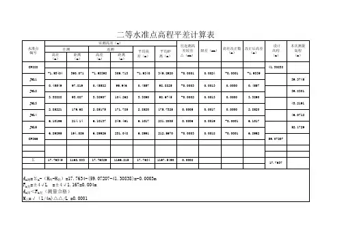 二等水准点高程平差计算表