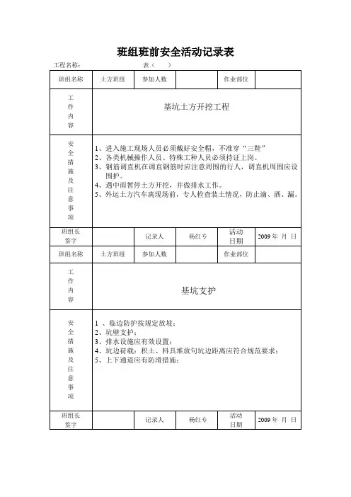 班组班前安全活动记录表
