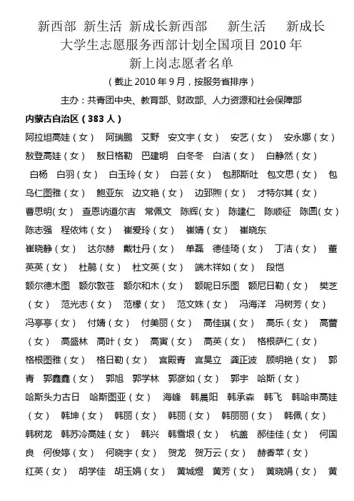 大学生志愿服务西部计划全国项目2010年新上岗志愿者名单