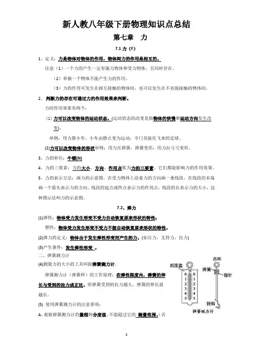 (完整版)新人教版物理八年级下册知识点总结
