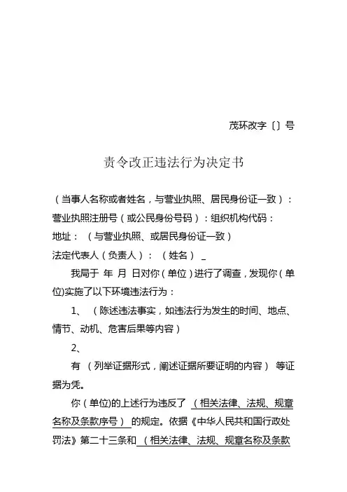 责令改正违法行为决定书