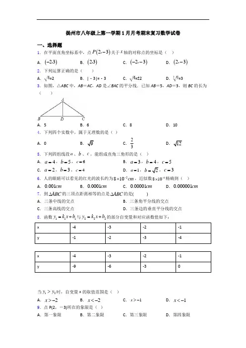 扬州市八年级上第一学期1月月考期末复习数学试卷