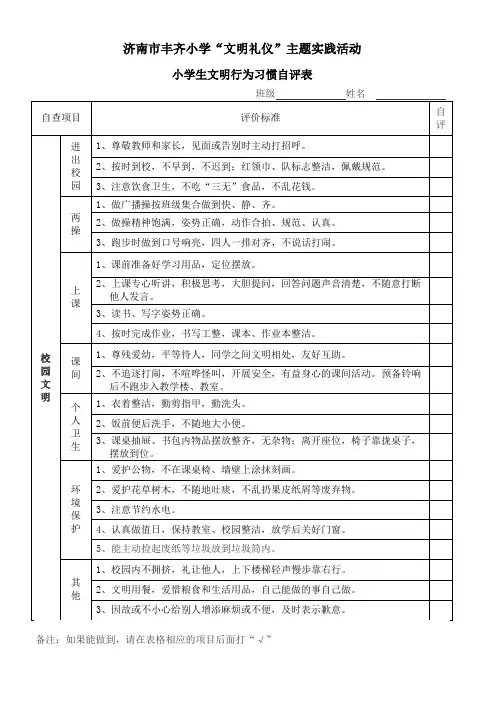 小学生文明行为习惯检查表(自评)
