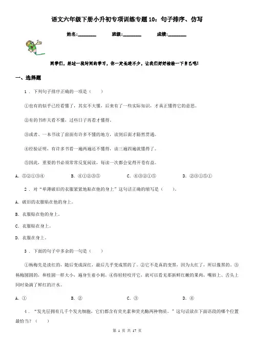 语文六年级下册小升初专项训练专题10：句子排序、仿写