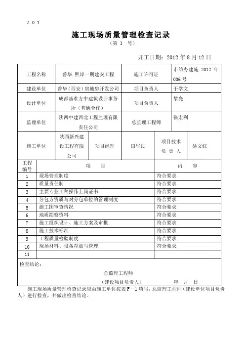 施工现场质量管理检查记录GB50300-2001附表
