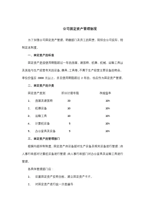公司固定资产管理制度