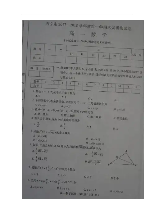 2017-2018学年青海省西宁市高一上学期期末考试数学试
