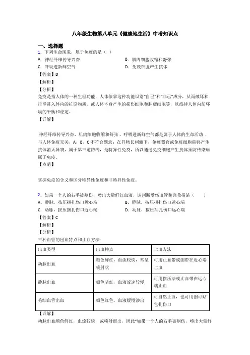 八年级生物第八单元《健康地生活》中考知识点