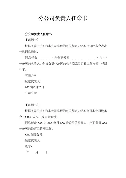 分公司负责人任命书