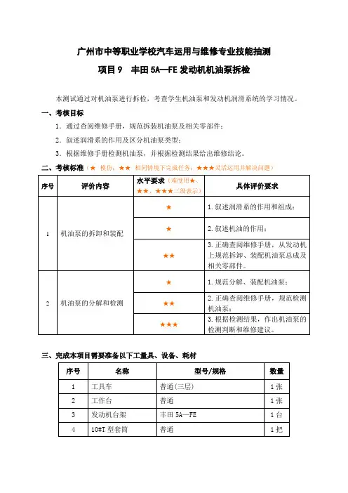 丰田5A—FE发动机机油泵拆检作业表20140118
