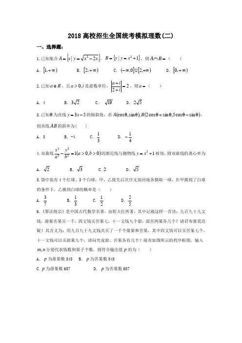衡水金卷2018高校招生统考模拟理科数学二