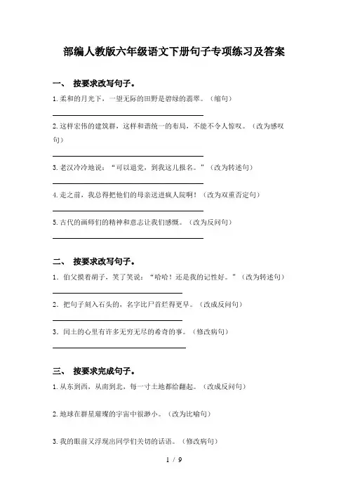 部编人教版六年级语文下册句子专项练习及答案