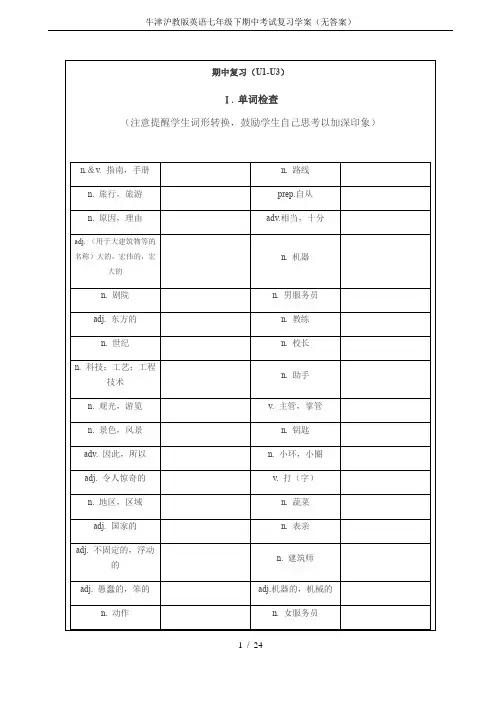 牛津沪教版英语七年级下期中考试复习学案(无答案)
