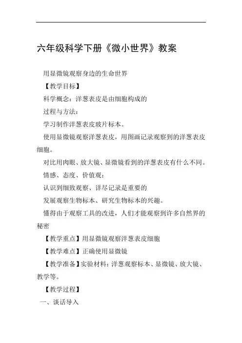 六年级科学下册微小世界教案范文整理
