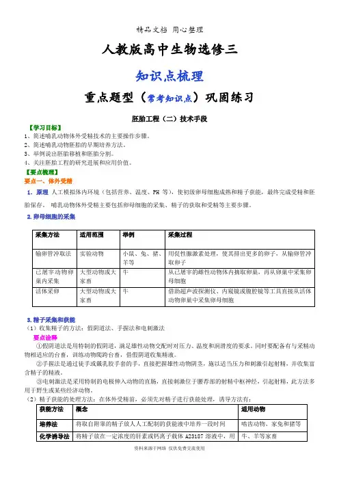 人教版高中生物选修3[知识点整理及重点题型梳理]胚胎工程(二)技术手段