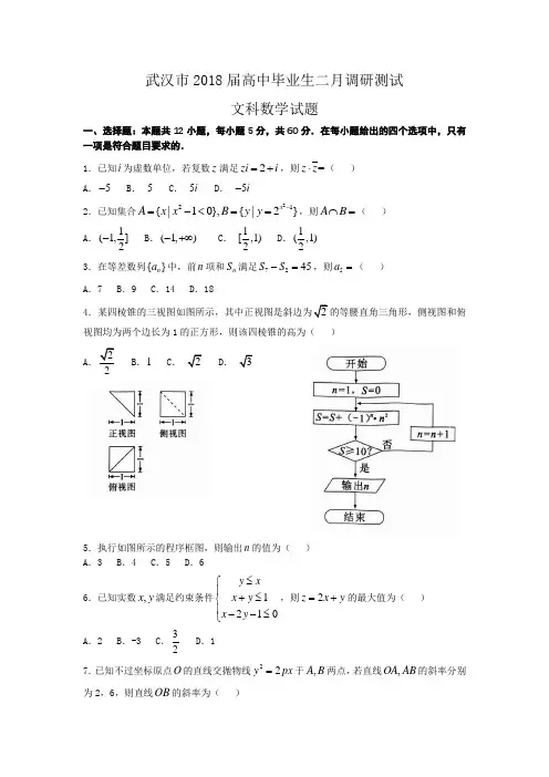 武汉市2018届高中毕业生二月调研测试文科数学试题WORD版含答案