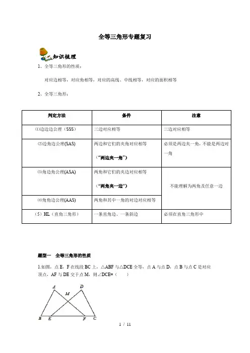 人教版数学八年级上册第十二章全等三角形章节专题复习