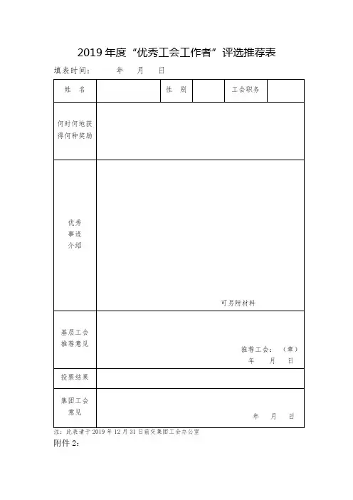 2019年度“优秀工会工作者”评选推荐表