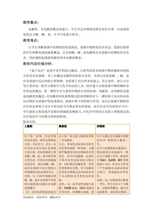 高中必修1离子反应电解质人教版,鲁教版,苏教版版本分析及教学重难点