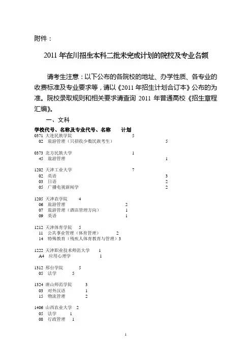 2011年在川招生本科二批未完成计划的院校及专业名额