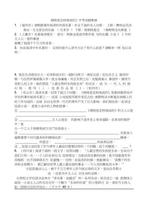 《钢铁是怎样炼成的》历年中考试题汇总