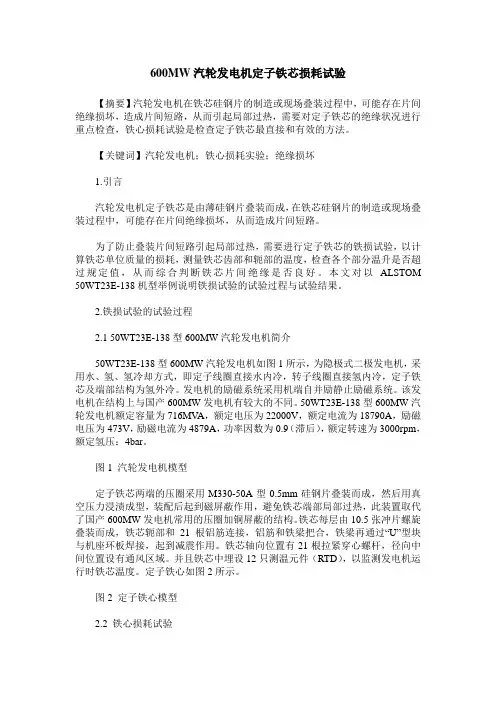 600MW汽轮发电机定子铁芯损耗试验