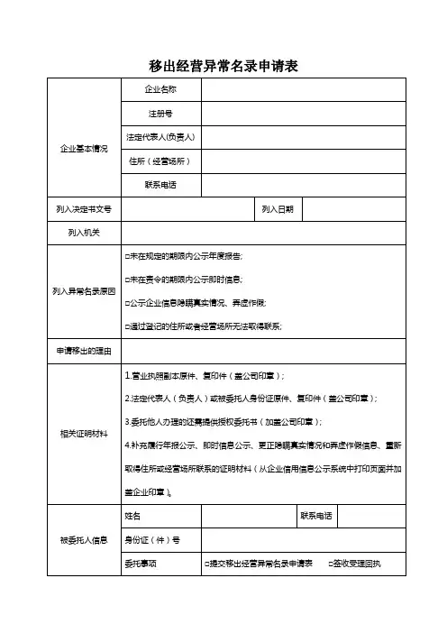 移出经营异常名录申请表 2