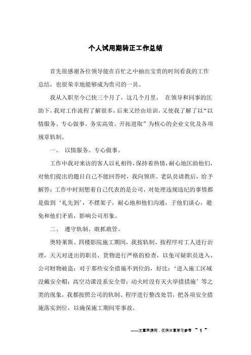 个人试用期转正工作总结