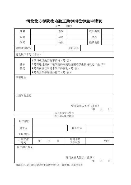 河北北方学院校内勤工助学岗位学生申请表