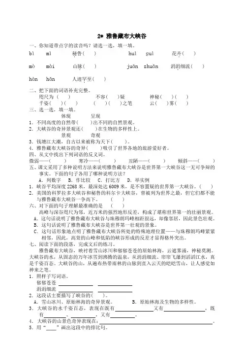 人教版小学语文四年级上册2雅鲁藏布大峡谷(1)