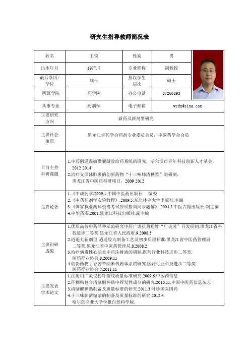 黑龙江中医药大学 硕士研究生导师简介 王锐
