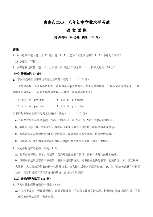山东省青岛市2018年中考语文试题含答案解析