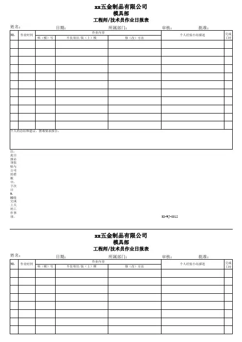 工程师、技术员作业日报表