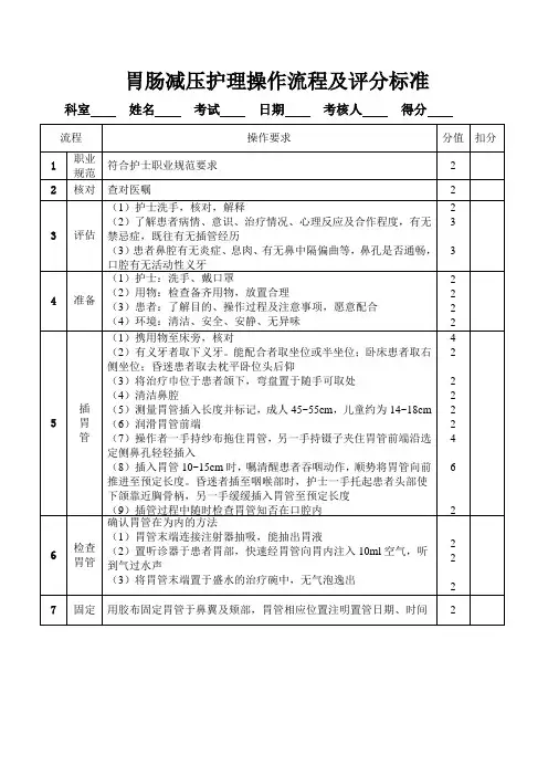胃肠减压护理操作流程及评分标准