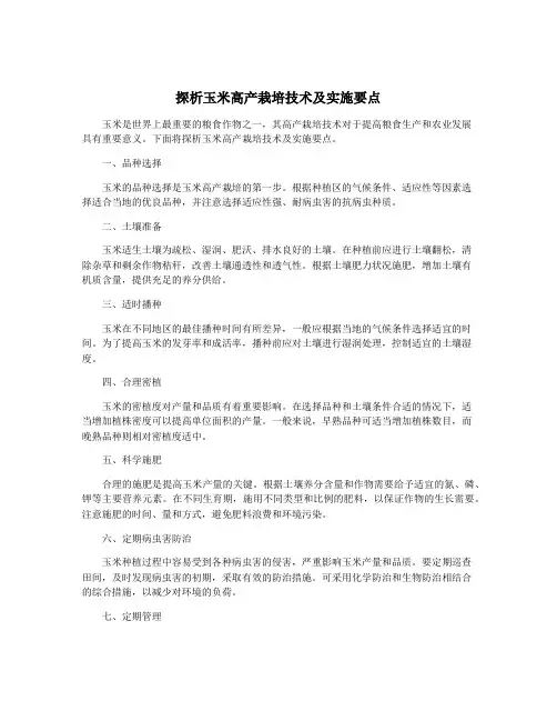 探析玉米高产栽培技术及实施要点