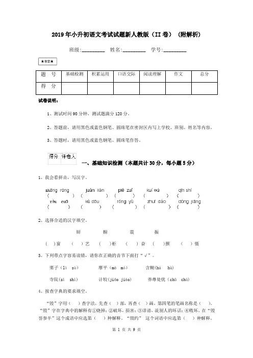 2019年小升初语文考试试题新人教版(II卷) (附解析)