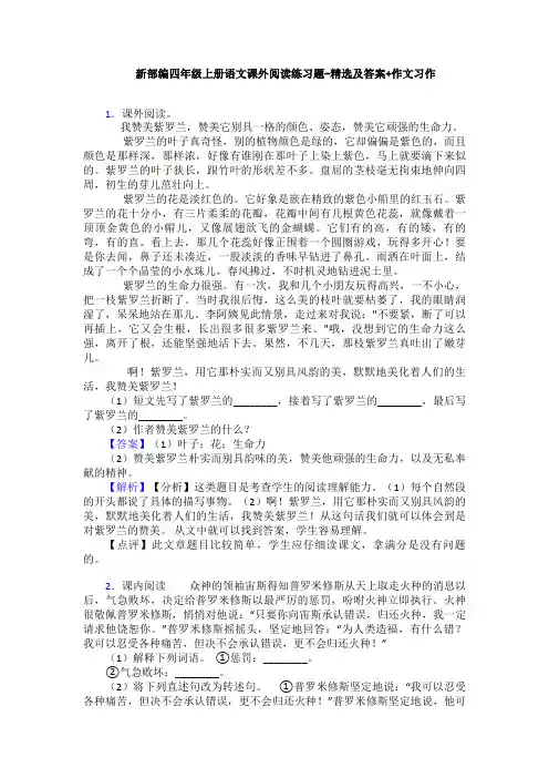 新部编四年级上册语文课外阅读练习题-精选及答案+作文习作