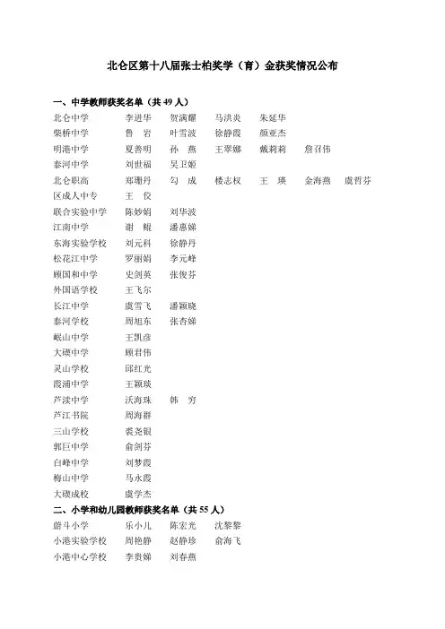 关于公布北仑区第十八届张士柏奖学(育)金获奖名单的通知