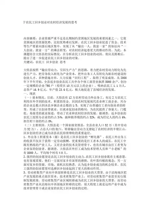于农民工回乡创业对农村经济发展的思考