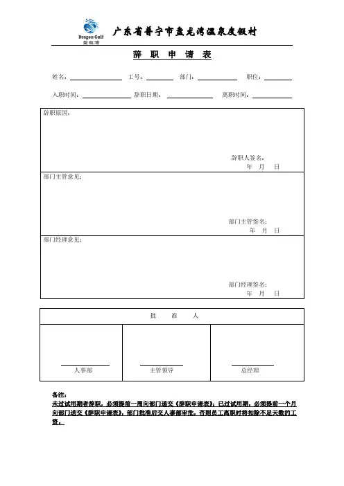 辞 职 申 请 表正面