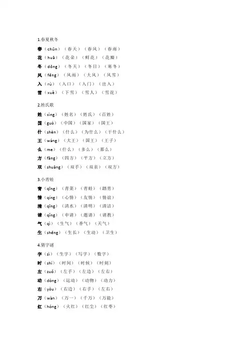 2020-2021年新版部编版(统编版)小学一年级语文下册 生字组词汇总